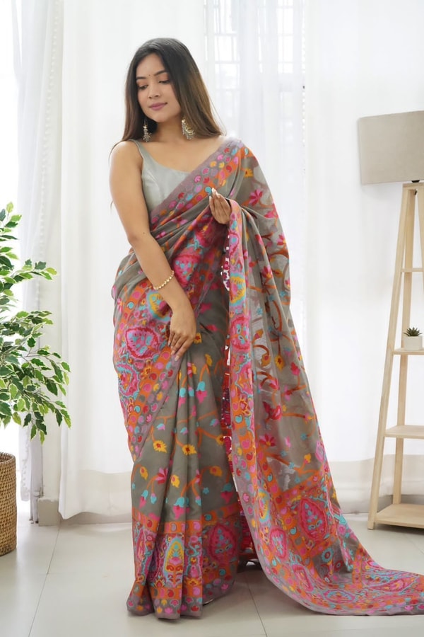 Kashmiri Weaving Banarasi Soft Silk Saree with Multi-Colour Thread and Pure Zari Work  in Surat