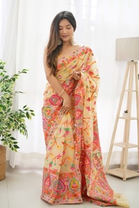 Kashmiri Weaving Banarasi Soft Silk Saree with Multi-Colour Thread and Pure Zari Work  in Surat