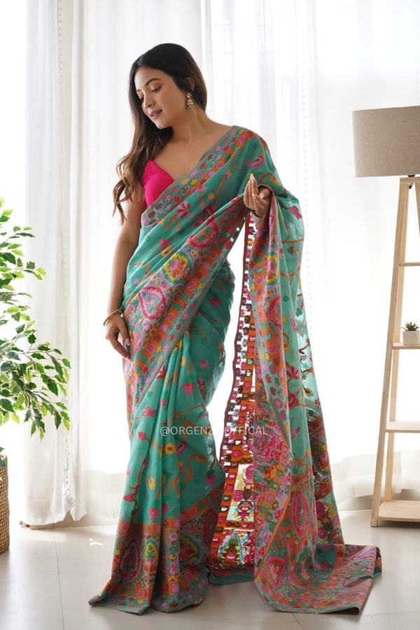 Kashmiri Weaving Banarasi Soft Silk Saree with Multi-Colour Thread and Pure Zari Work  in Surat