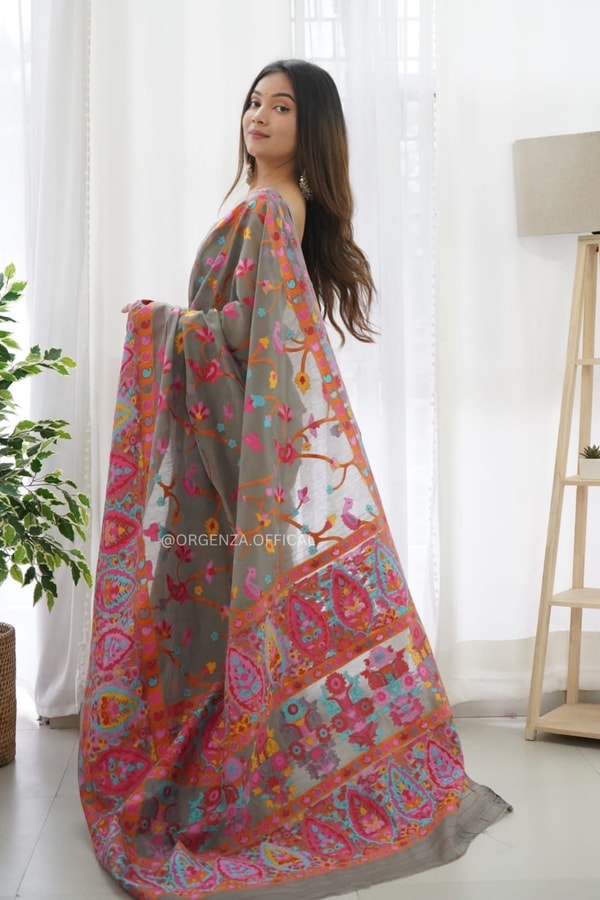 Kashmiri Weaving Banarasi Soft Silk Saree with Multi-Colour Thread and Pure Zari Work  in Surat
