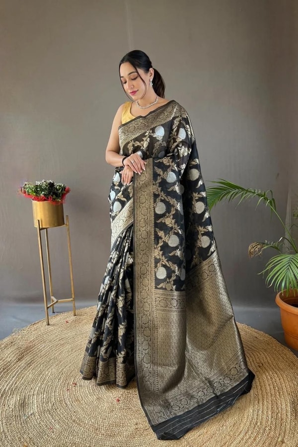 Large Floral Butta Banarasi Soft Silk Saree with Gold and Silver Zari in Seven Colours  in Surat