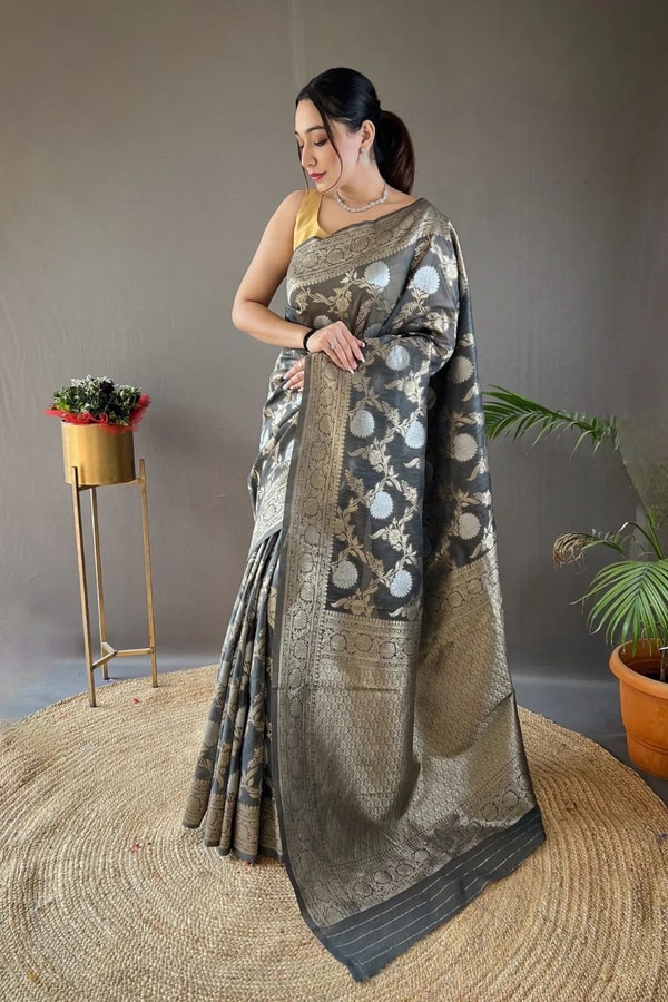 Large Floral Butta Banarasi Soft Silk Saree with Gold and Silver Zari in Seven Colours  in Surat