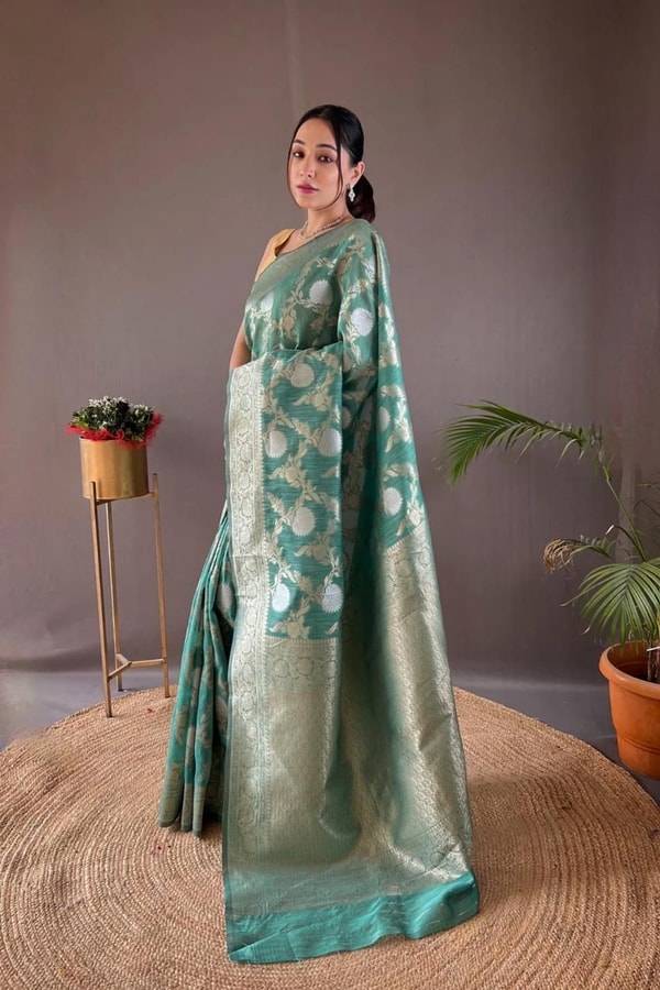 Large Floral Butta Banarasi Soft Silk Saree with Gold and Silver Zari in Seven Colours  in Surat