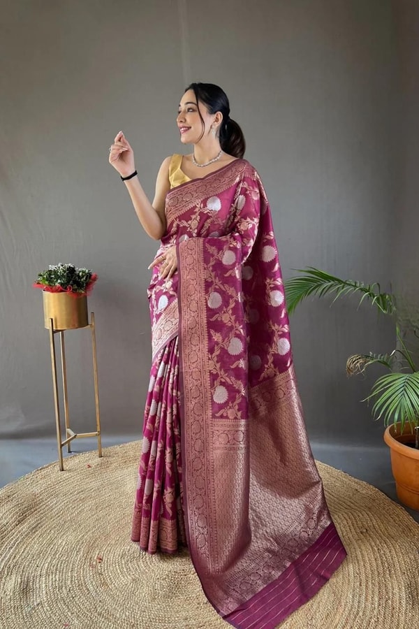 Large Floral Butta Banarasi Soft Silk Saree with Gold and Silver Zari in Seven Colours  in Surat