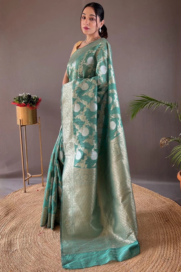 Large Floral Butta Banarasi Soft Silk Saree with Gold and Silver Zari in Seven Colours  in Surat