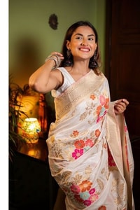 Large Floral Motif Banarasi Soft Silk Saree in Five Shades with Gold Zari Border  in Surat