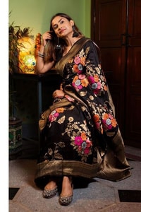 Large Floral Motif Banarasi Soft Silk Saree in Five Shades with Gold Zari Border  in Surat