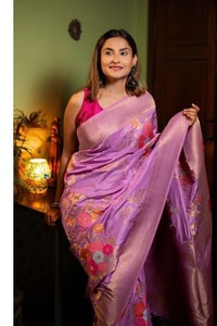 Large Floral Motif Banarasi Soft Silk Saree in Five Shades with Gold Zari Border  in Surat