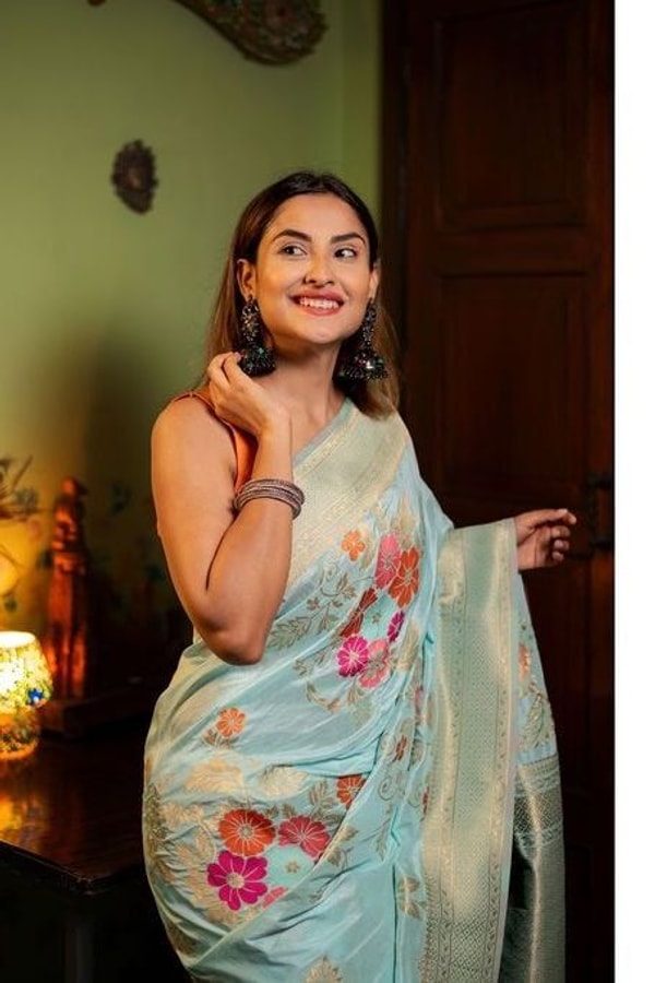 Large Floral Motif Banarasi Soft Silk Saree in Five Shades with Gold Zari Border  in Surat