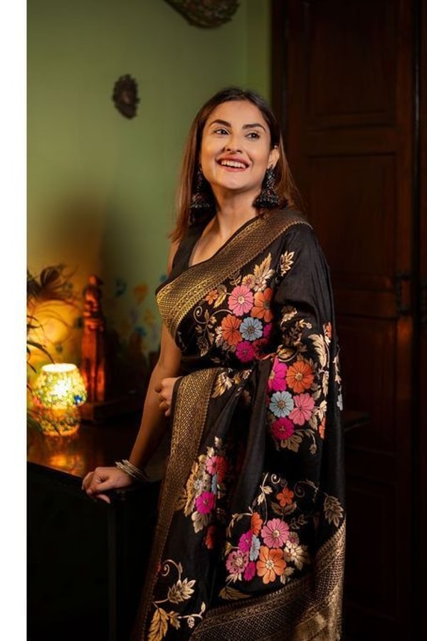 Large Floral Motif Banarasi Soft Silk Saree in Five Shades with Gold Zari Border  in Surat