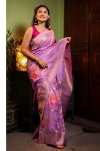 Large Floral Motif Banarasi Soft Silk Saree in Five Shades with Gold Zari Border  in Surat