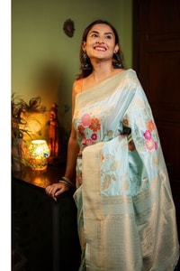 Large Floral Motif Banarasi Soft Silk Saree in Five Shades with Gold Zari Border  in Surat