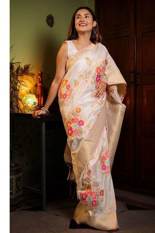 Large Floral Motif Banarasi Soft Silk Saree in Five Shades with Gold Zari Border  in Surat
