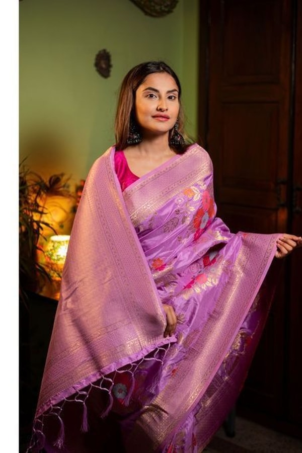 Large Floral Motif Banarasi Soft Silk Saree in Five Shades with Gold Zari Border  in Surat