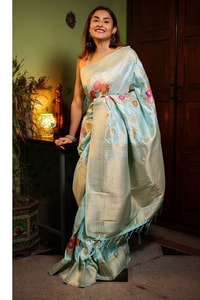 Large Floral Motif Banarasi Soft Silk Saree in Five Shades with Gold Zari Border  in Surat