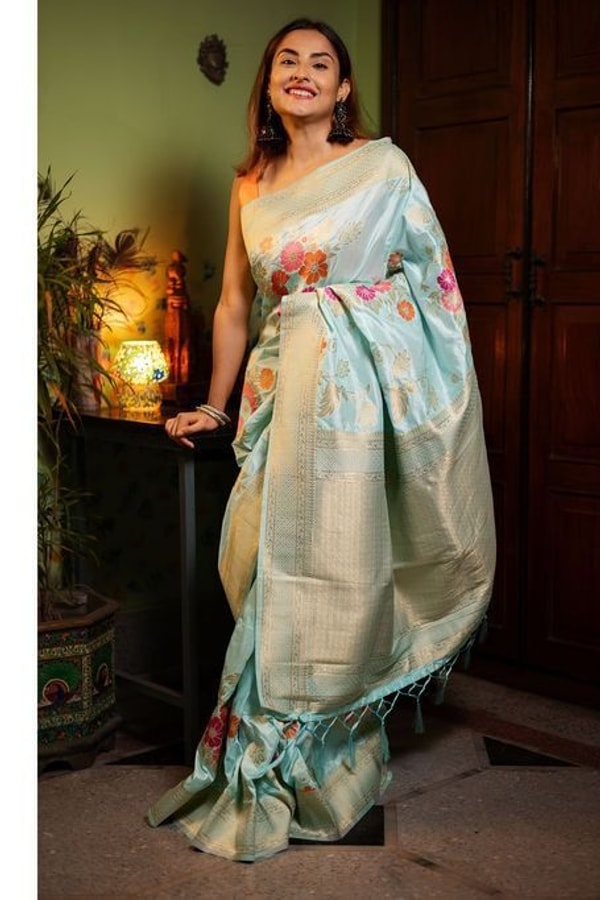 Large Floral Motif Banarasi Soft Silk Saree in Five Shades with Gold Zari Border  in Surat