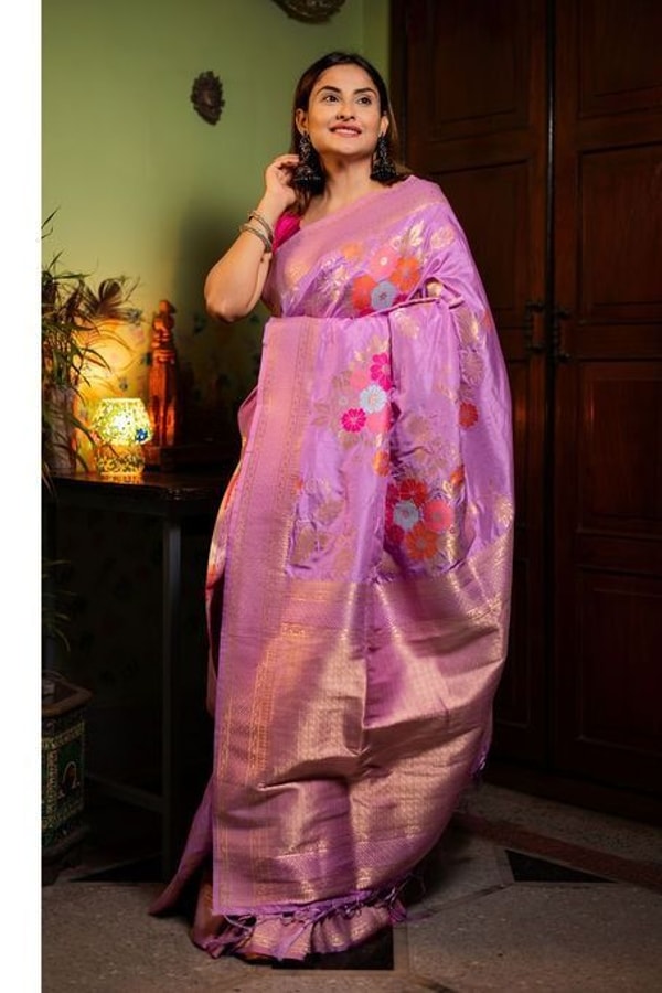 Large Floral Motif Banarasi Soft Silk Saree in Five Shades with Gold Zari Border  in Surat