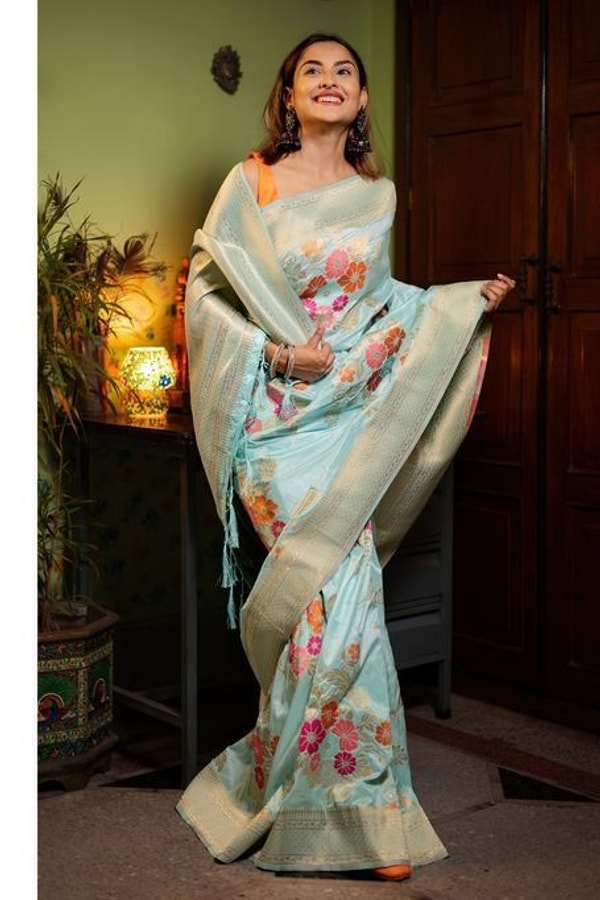 Large Floral Motif Banarasi Soft Silk Saree in Five Shades with Gold Zari Border  in Surat