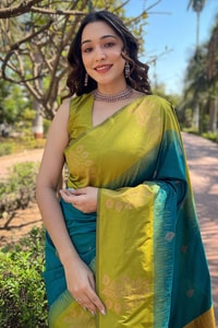 Large Floral Motif Banarasi Soft Silk Saree with Contrast Tassel Pallu in Five Colours  in Surat