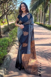 Large Floral Motif Banarasi Soft Silk Saree with Contrast Tassel Pallu in Five Colours  in Surat
