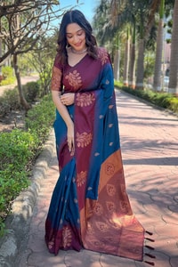 Large Floral Motif Banarasi Soft Silk Saree with Contrast Tassel Pallu in Five Colours  in Surat