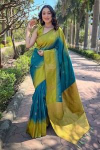 Large Floral Motif Banarasi Soft Silk Saree with Contrast Tassel Pallu in Five Colours  in Surat