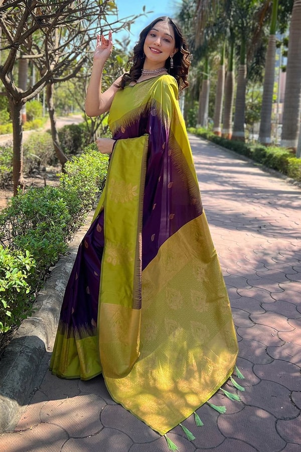 Large Floral Motif Banarasi Soft Silk Saree with Contrast Tassel Pallu in Five Colours  in Surat