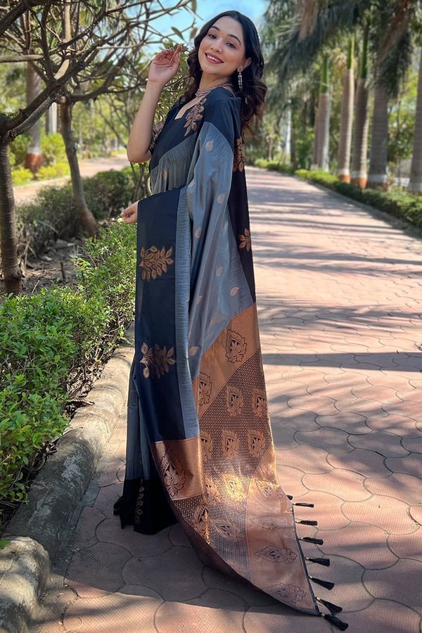 Large Floral Motif Banarasi Soft Silk Saree with Contrast Tassel Pallu in Five Colours  in Surat