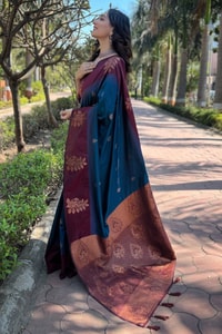 Large Floral Motif Banarasi Soft Silk Saree with Contrast Tassel Pallu in Five Colours  in Surat