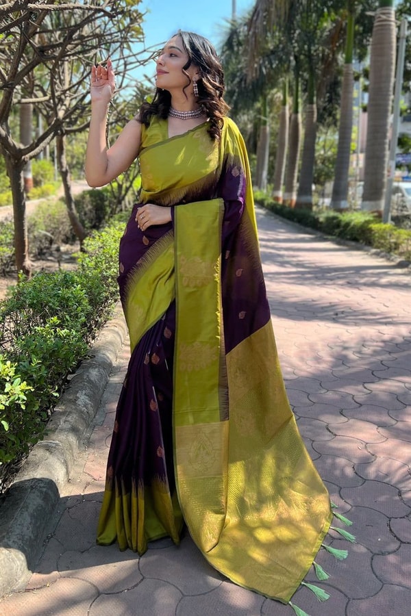 Large Floral Motif Banarasi Soft Silk Saree with Contrast Tassel Pallu in Five Colours  in Surat
