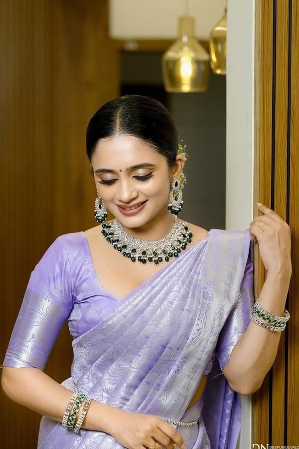 Lavender Banarasi Soft Silk Saree with All-Over Silver Zari Weave and Shimmering Pallu  in Surat