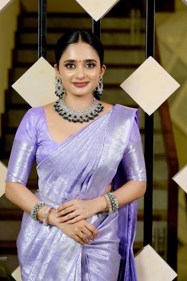 Lavender Banarasi Soft Silk Saree with All-Over Silver Zari Weave and Shimmering Pallu  in Surat