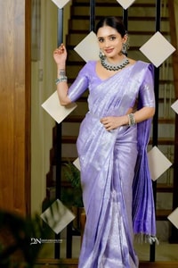Lavender Banarasi Soft Silk Saree with All-Over Silver Zari Weave and Shimmering Pallu  in Surat
