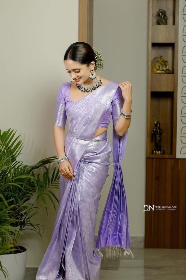 Lavender Banarasi Soft Silk Saree with All-Over Silver Zari Weave and Shimmering Pallu  in Surat
