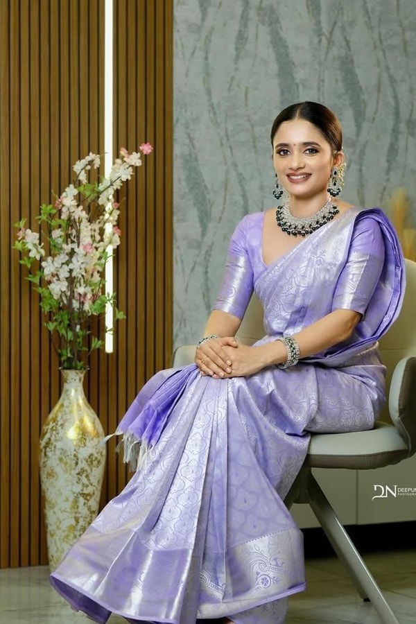 Lavender Banarasi Soft Silk Saree with All-Over Silver Zari Weave and Shimmering Pallu  in Surat