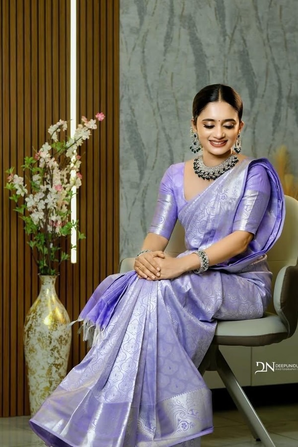Lavender Banarasi Soft Silk Saree with All-Over Silver Zari Weave and Shimmering Pallu  in Surat
