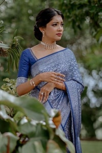 Lavender Blue Banarasi Soft Silk Saree with All-Over Silver Zari Weaving  in Surat