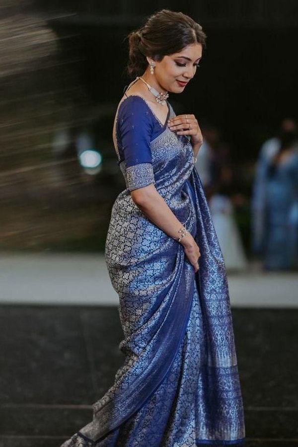 Lavender Blue Banarasi Soft Silk Saree with All-Over Silver Zari Weaving  in Surat