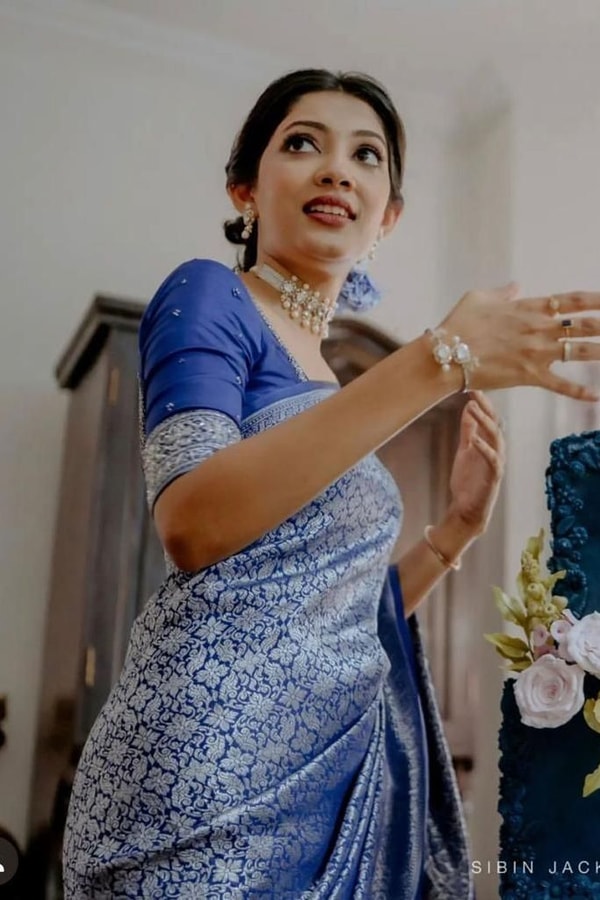 Lavender Blue Banarasi Soft Silk Saree with All-Over Silver Zari Weaving  in Surat