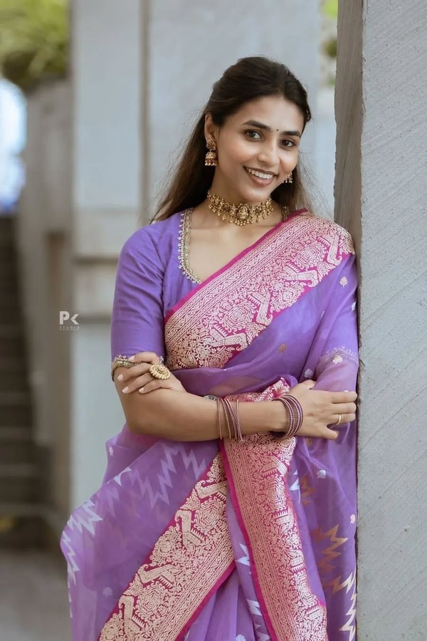 Lavender Saree with Pink Border and Silver Zig-Zag Woven Pattern for Day Functions  in Surat
