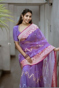Lavender Saree with Pink Border and Silver Zig-Zag Woven Pattern for Day Functions  in Surat