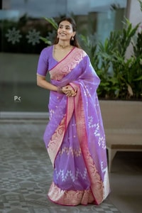 Lavender Saree with Pink Border and Silver Zig-Zag Woven Pattern for Day Functions  in Surat