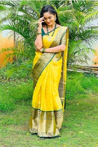 Lemon Yellow Banarasi Soft Silk Saree with Contrast Bottle Green Zari Border and Pallu  in Surat