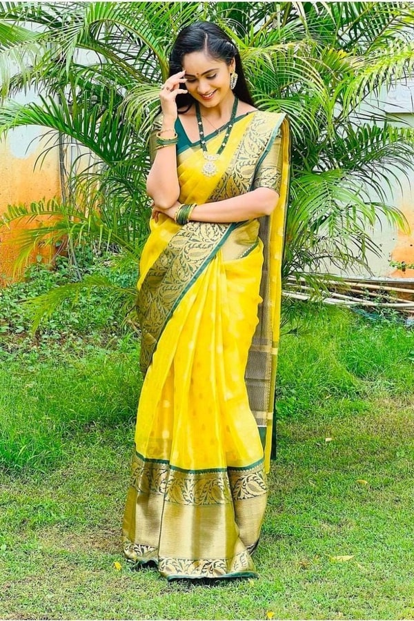Lemon Yellow Banarasi Soft Silk Saree with Contrast Bottle Green Zari Border and Pallu  in Surat