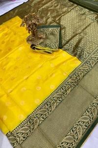 Lemon Yellow Banarasi Soft Silk Saree with Contrast Bottle Green Zari Border and Pallu  in Surat