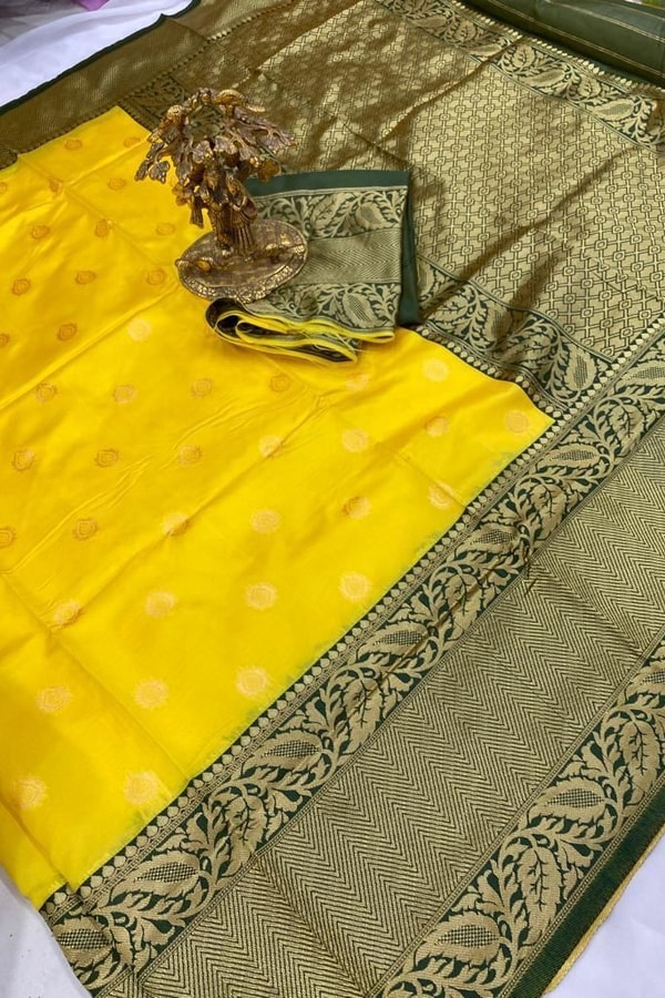 Lemon Yellow Banarasi Soft Silk Saree with Contrast Bottle Green Zari Border and Pallu  in Surat