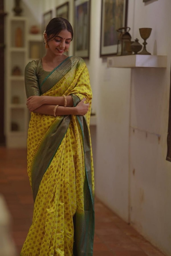 Lemon Yellow Banarasi Soft Silk Saree with Polka Buttis and Contrast Dark Brocade Border  in Surat