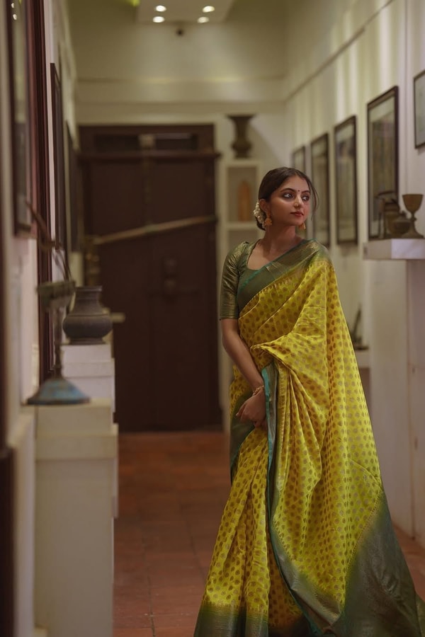 Lemon Yellow Banarasi Soft Silk Saree with Polka Buttis and Contrast Dark Brocade Border  in Surat