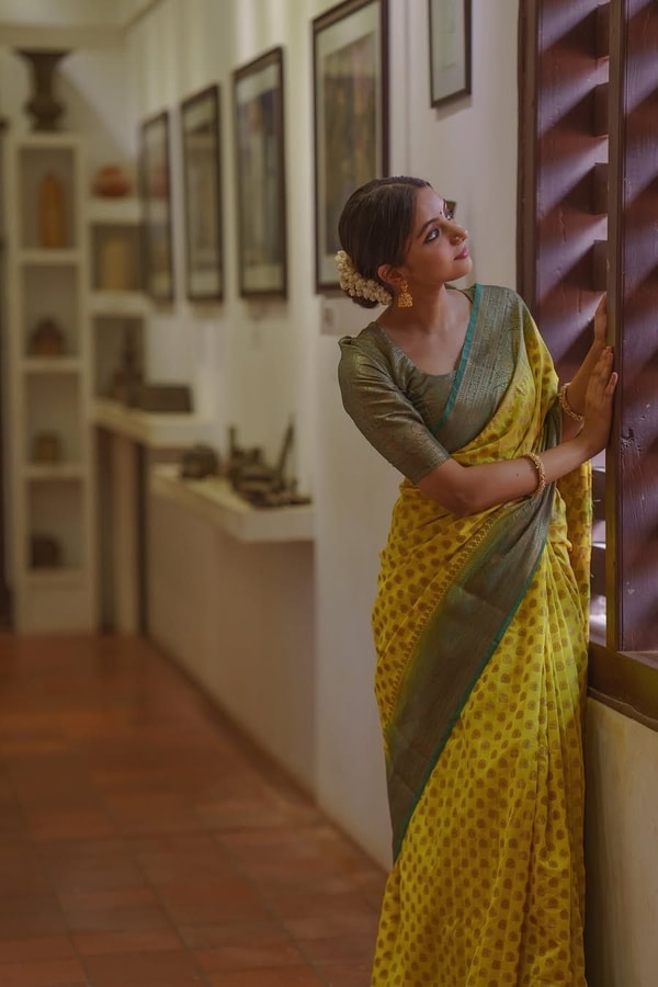 Lemon Yellow Banarasi Soft Silk Saree with Polka Buttis and Contrast Dark Brocade Border  in Surat