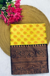 Lemon Yellow Banarasi Soft Silk Saree with Polka Buttis and Contrast Dark Brocade Border  in Surat